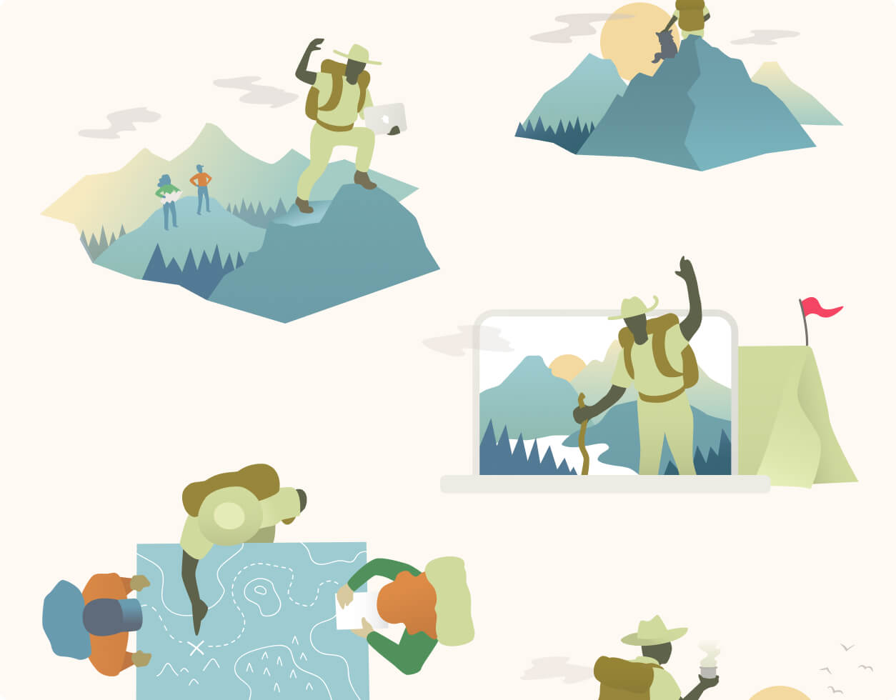 example illustrations from the Adventure of Inventing project showing the guide/explorer character helping hikers in various situations
