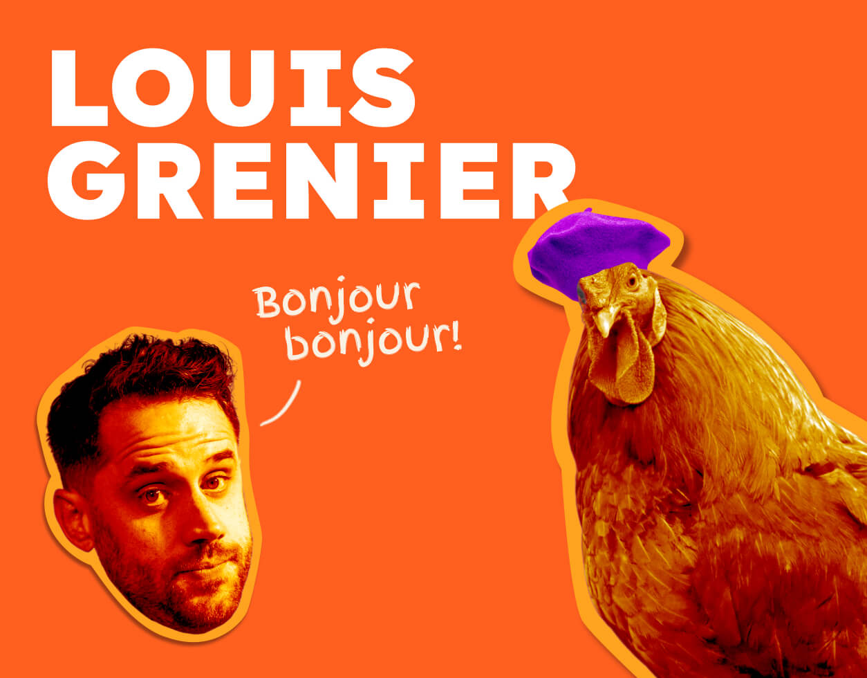 Elements from the new brand identity I created for Louis Grenier including stickers of his head saying 'bonjour bonjour' and new rooster mascot Roger.