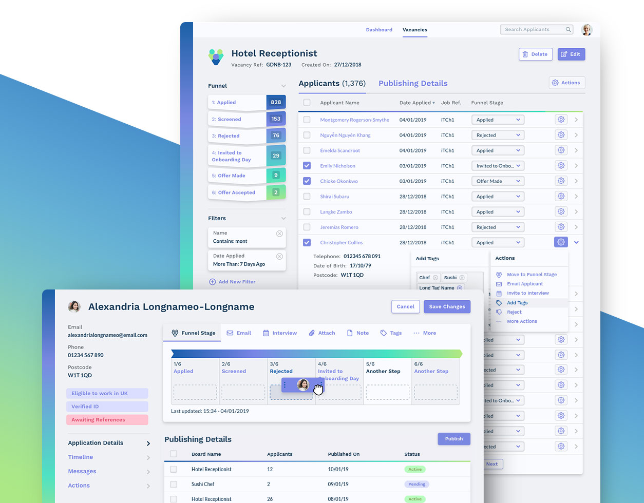 Screenshots from a new and improved HR applicant tracking system that reaps big time savings through simple design.