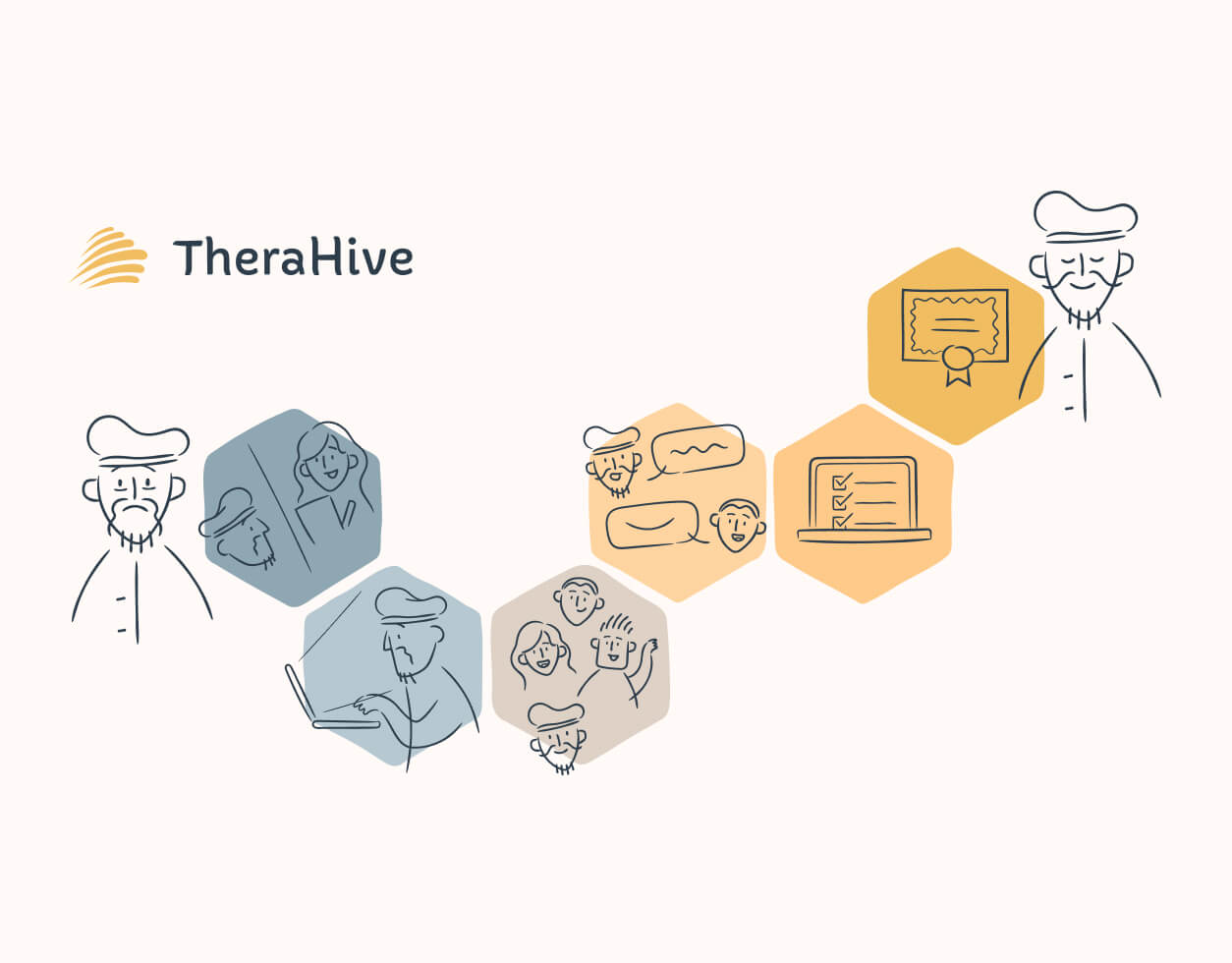 Example therahive illustration showing a character going through the stages of treatment and going from sad to happy